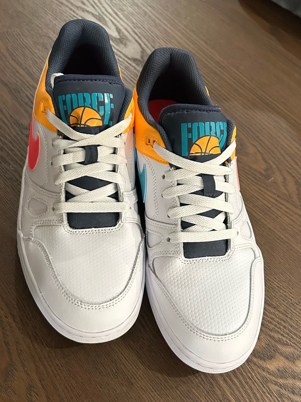 Nike Full Force Low White Sneakers with Orange, Teal, and Pink Accents